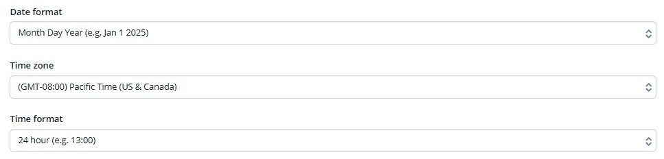 Date and Time Format fields in company details