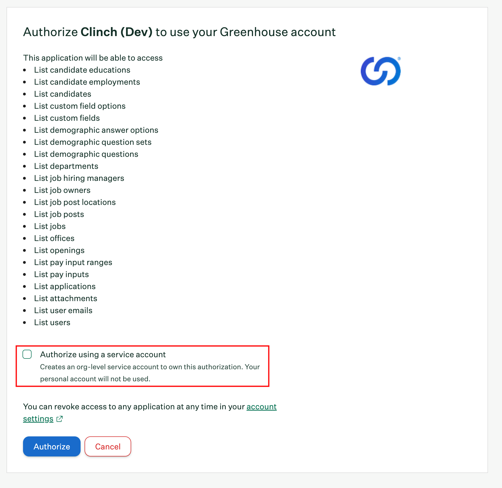 Greenhouse authorise second screen.png