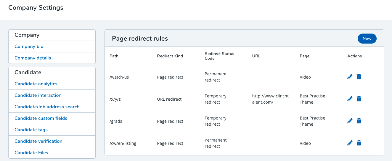 Screenshot to show layout for page redirect rules screen