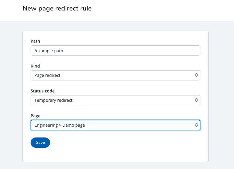 Screenshot of form fields for creating new page redirect