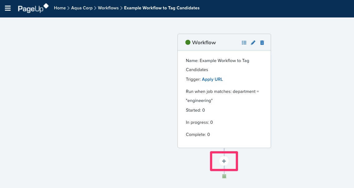 Screenshot of new workflow with add workflow step circled 
