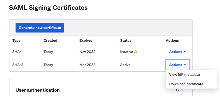 Screenshot of SAML Signing Certificates UI