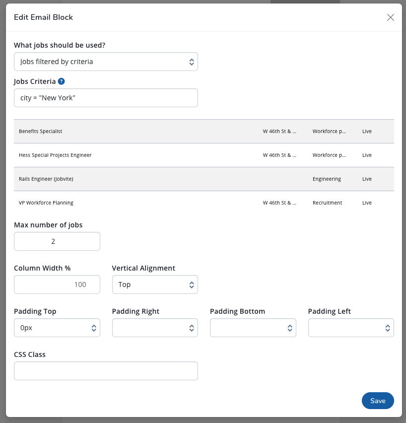 Email jobs list block edit form